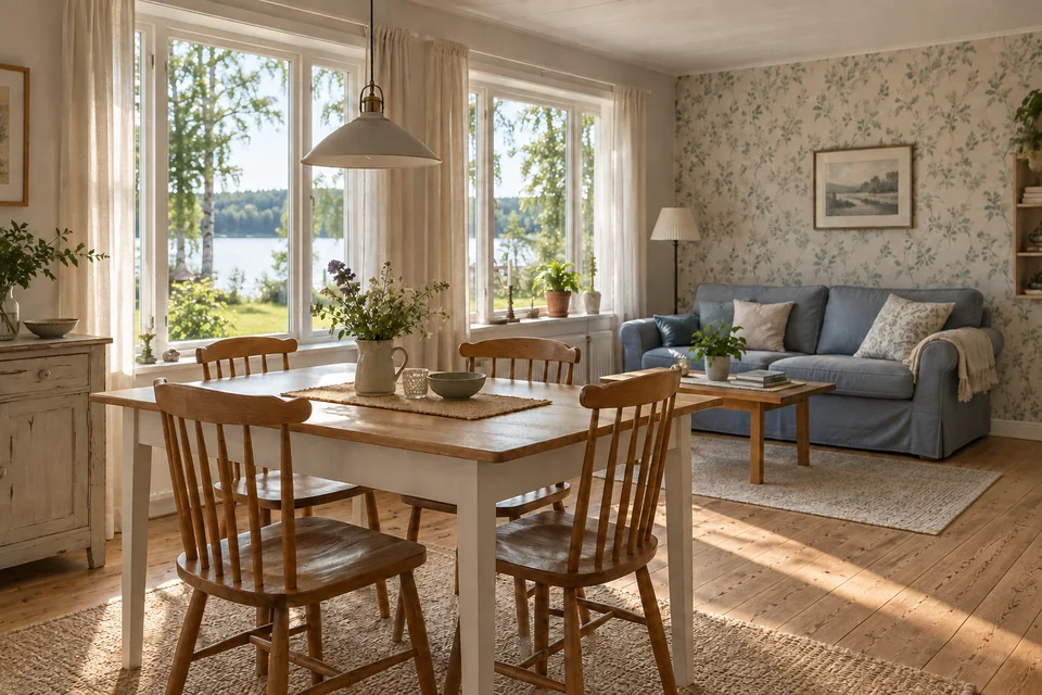 AI-skapad välkomstbild av ett hemtrevligt allrum i en sjönära stuga.