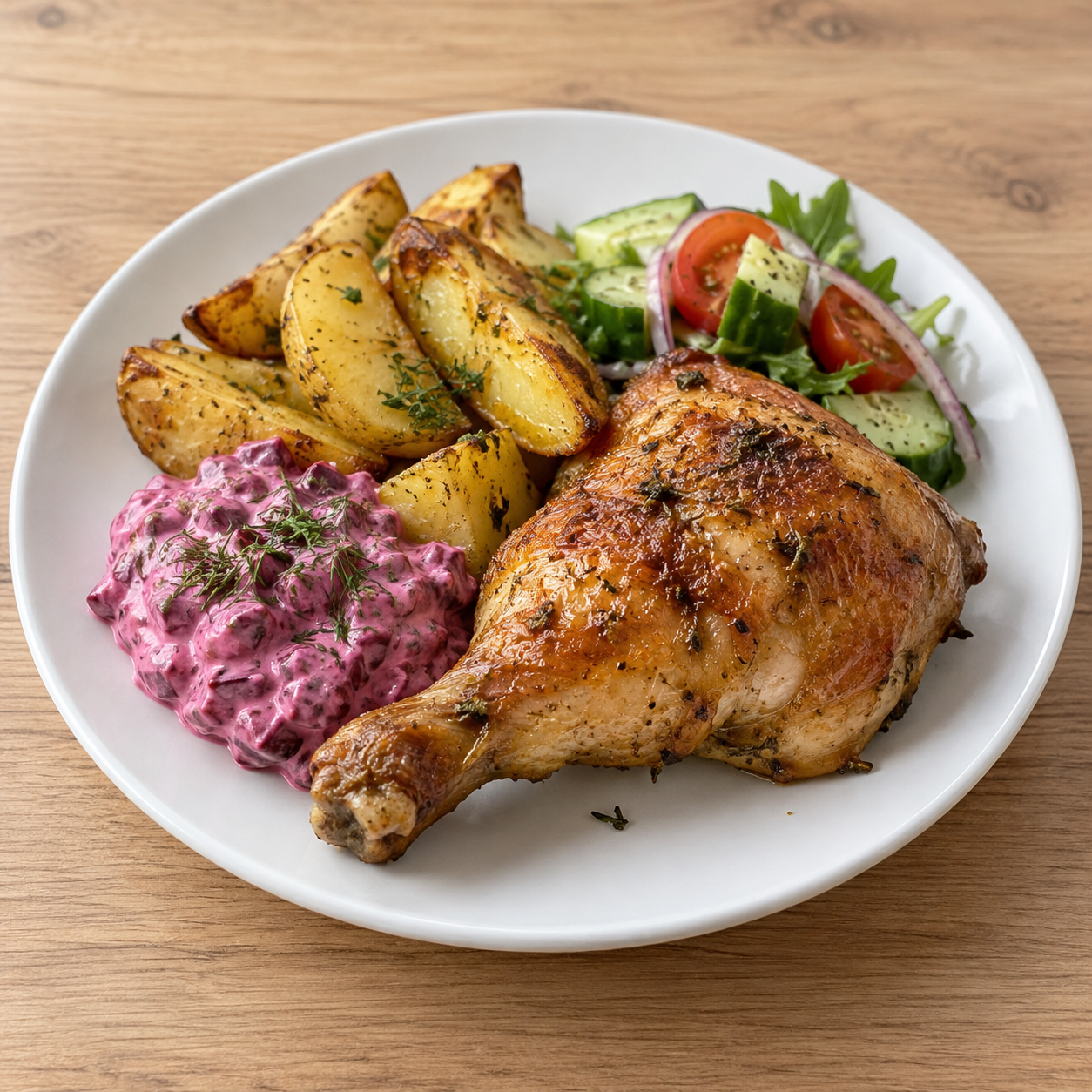 Rostad kyckling med potatis och rödbetstzatziki