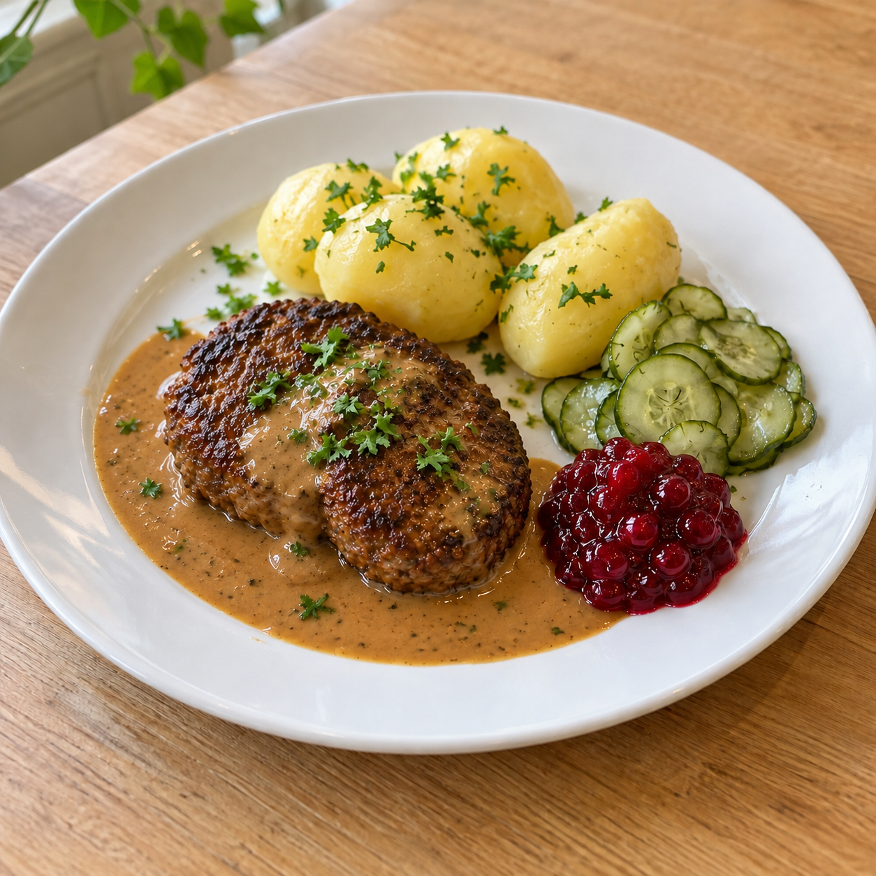 Pannbiff med potatis, gräddsås, lingon och gurka