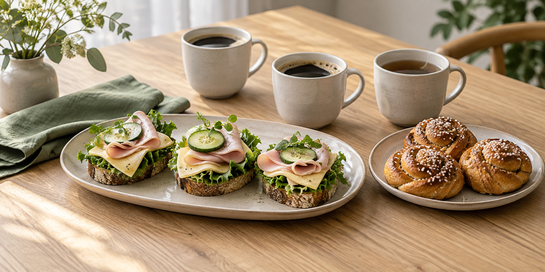 Smörgåsar, kanelbullar, kaffe och te till möten och sällskap