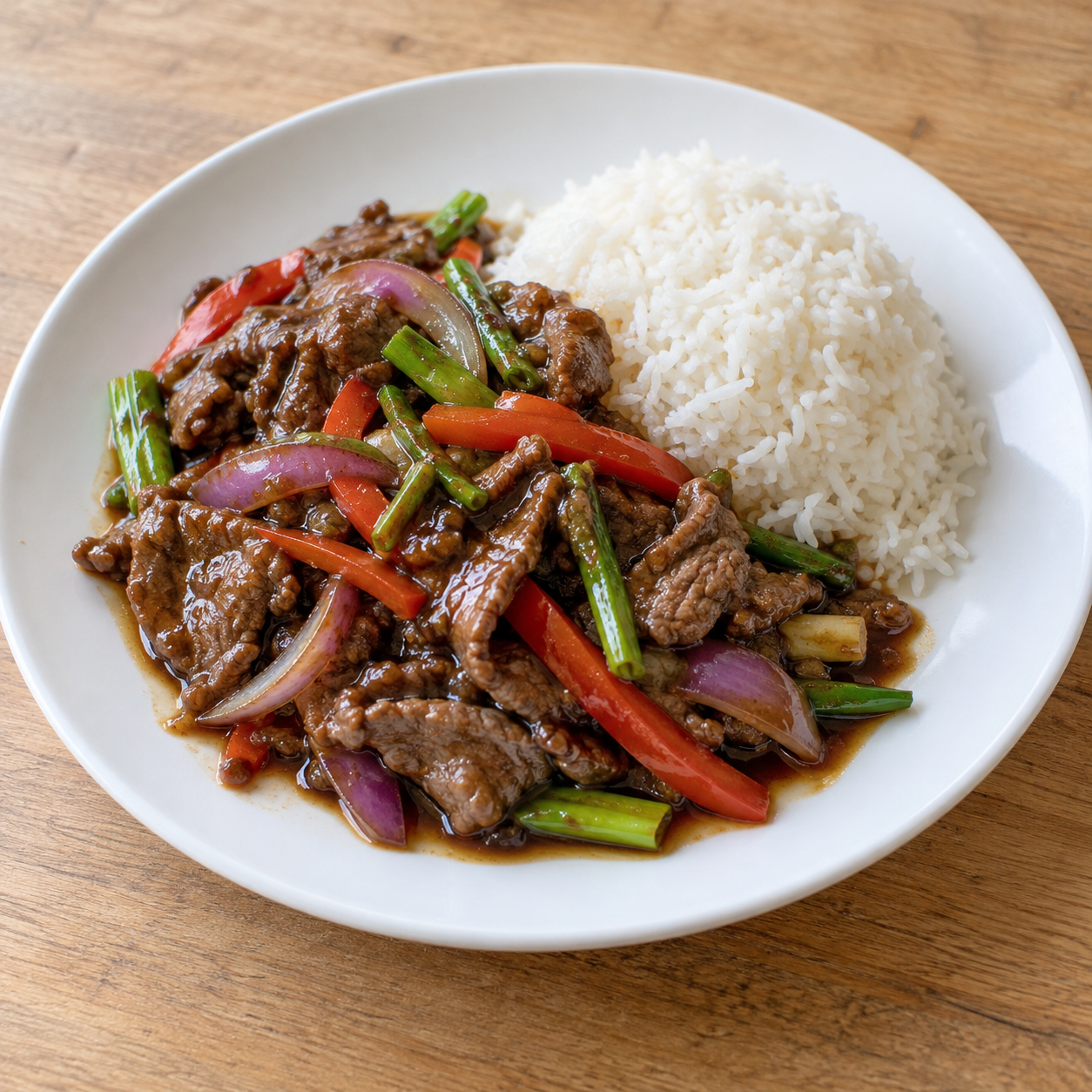 Wokad biff med grönsaker och ris