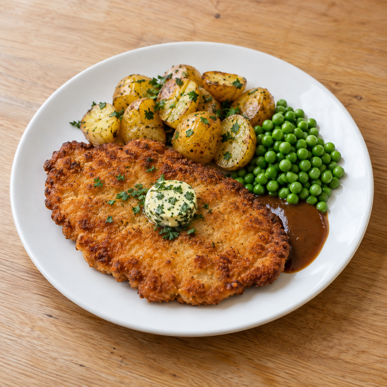 Schnitzel med potatis och ärtor