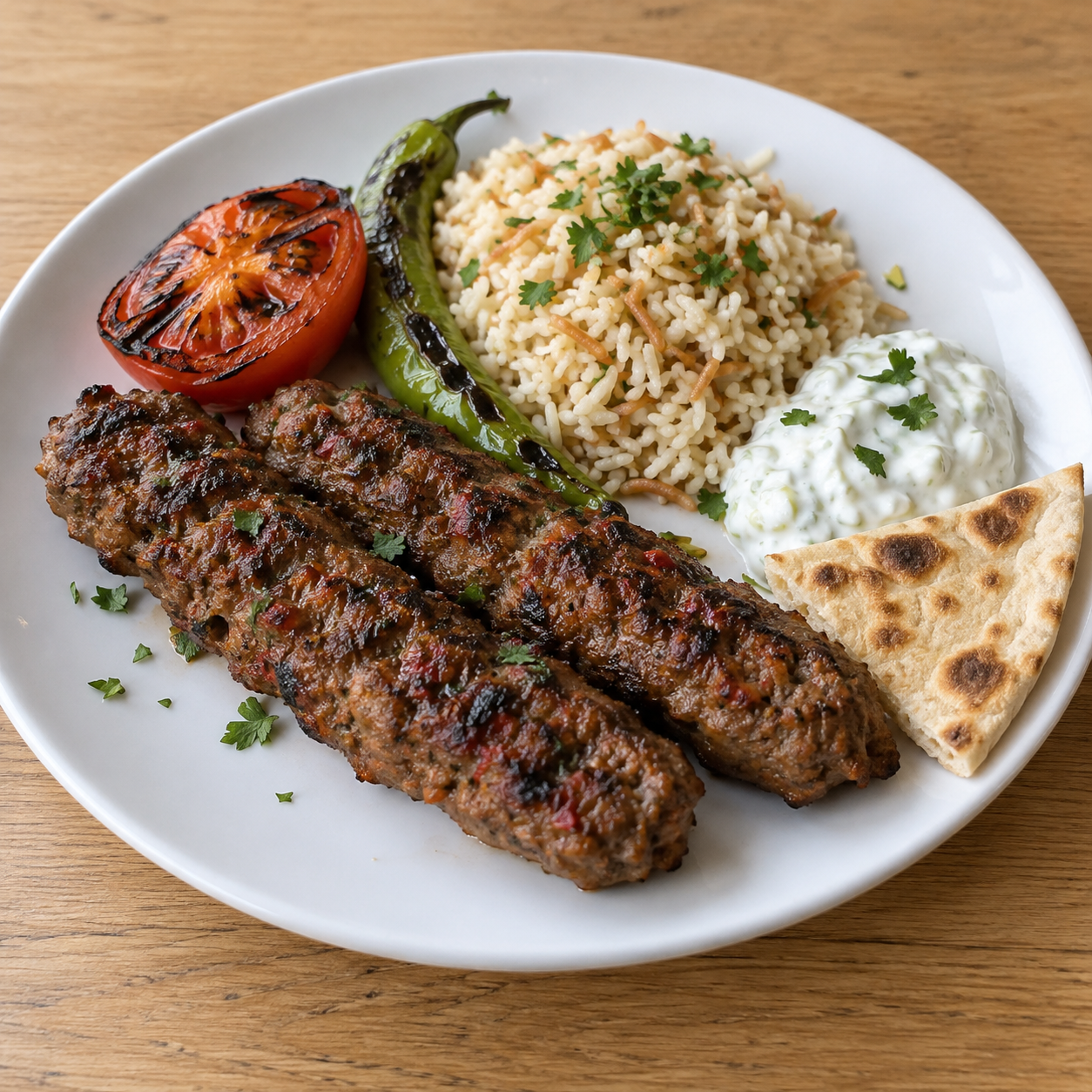 Turkiska lammfärsspett med ris och tzatziki