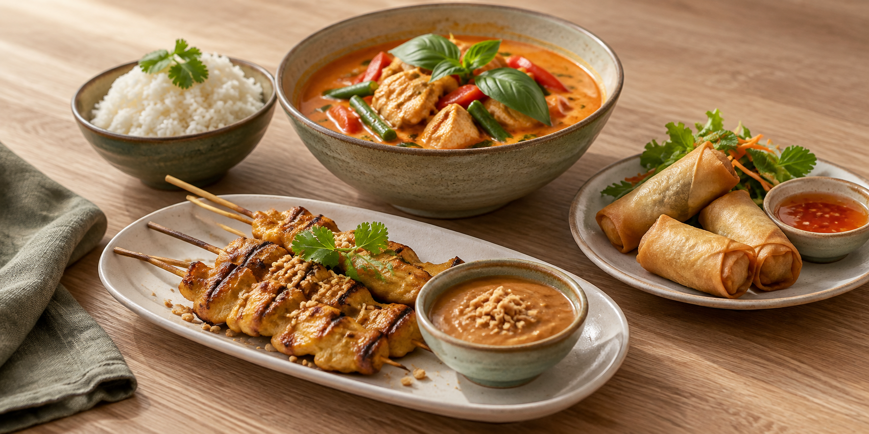 Thailändsk måltid med kycklingsatay, röd curry, vårrullar och jasminris