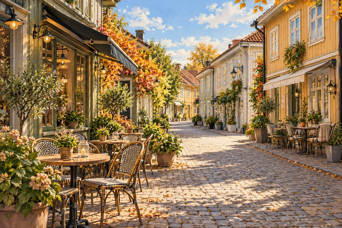 AI-illustration inspirerad av Alingsås med caféer och trähus