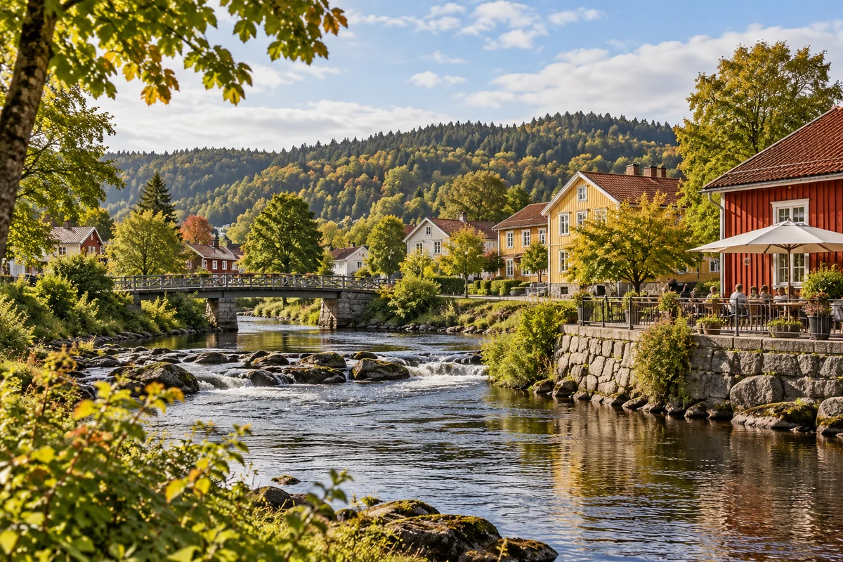 AI-illustration inspirerad av Bollebygd med småstadsmiljö och grön dalgång