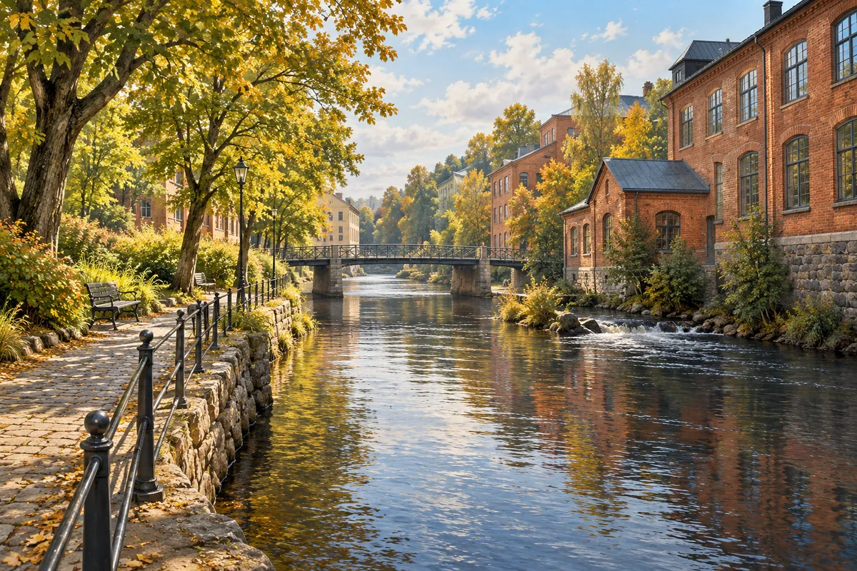 AI-illustration inspirerad av Borås med å och tegelbyggnader