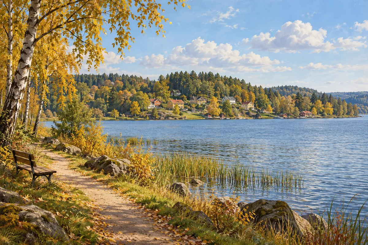 AI-illustration inspirerad av Ulricehamn med sjö och strandpromenad