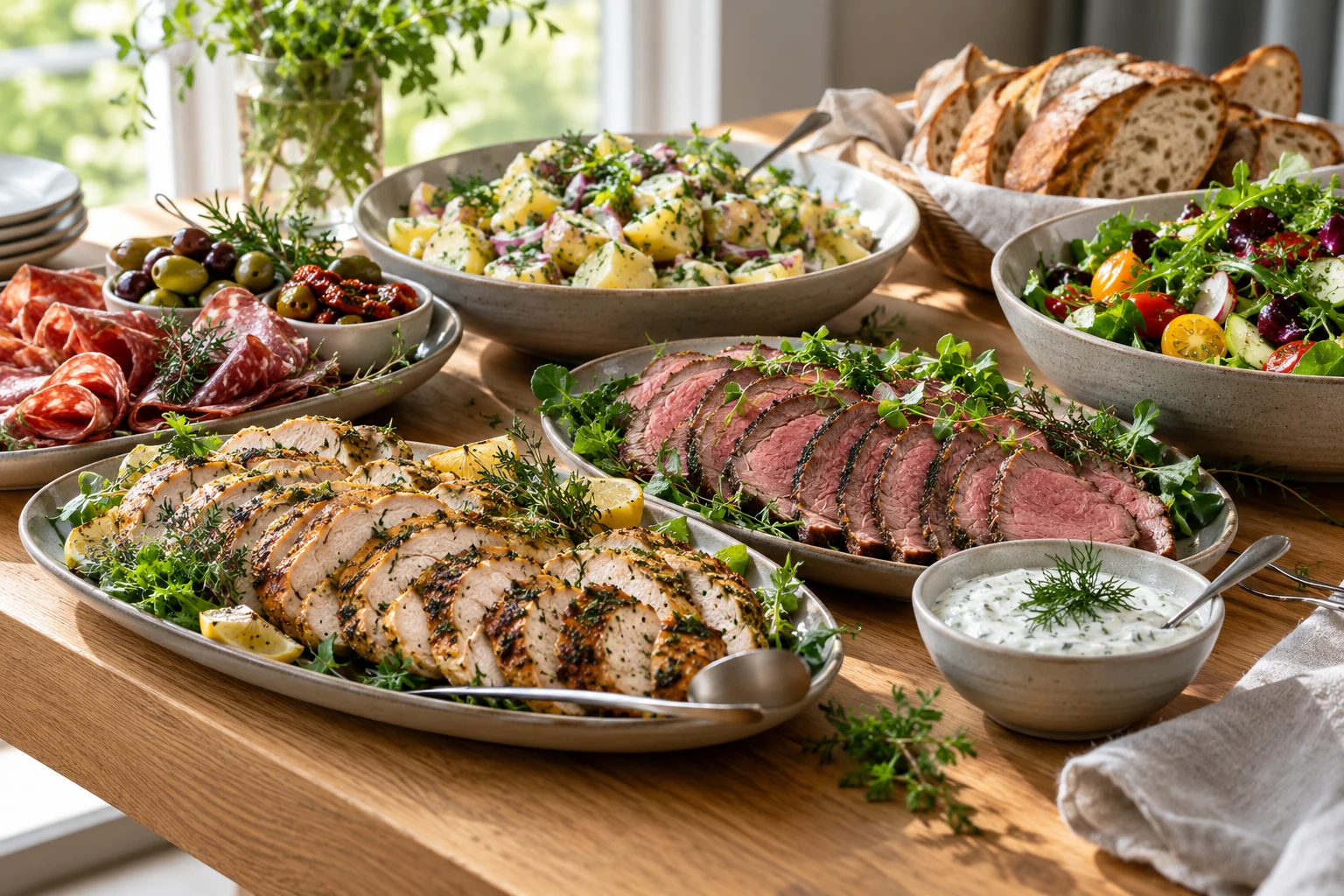 AI-illustration av cateringbuffé med kyckling, kallskuret, potatissallad och bröd, inspirerad av Balders utbud.