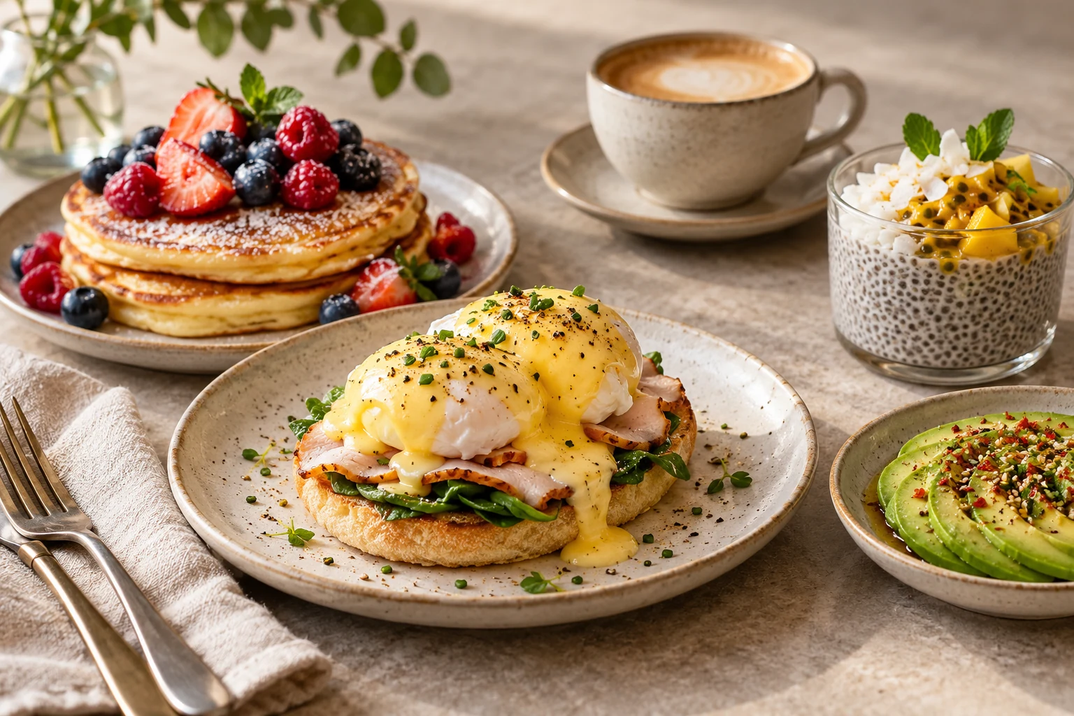 AI-illustration av brunch med eggs Benedict, pannkakor, avokado och chiapudding, inspirerad av Balthazars brunchmeny.
