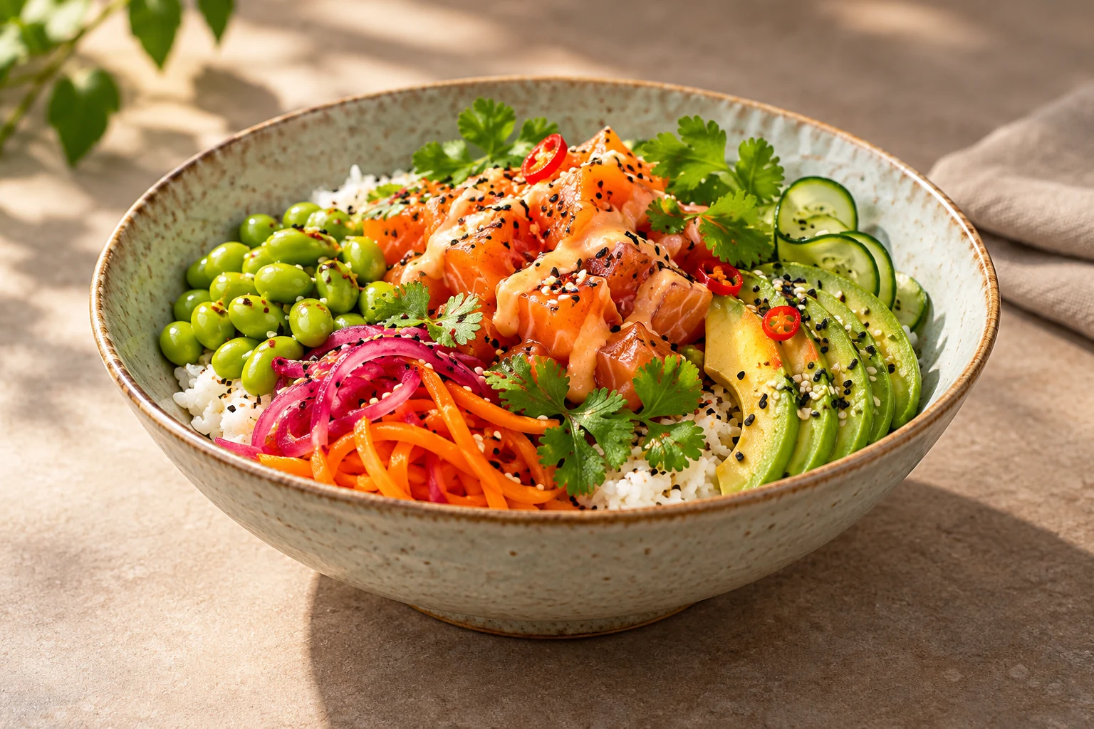 AI-illustration av pokébowl med lax, kokosris, avokado och grönsaker, inspirerad av Balthazars dagmeny.
