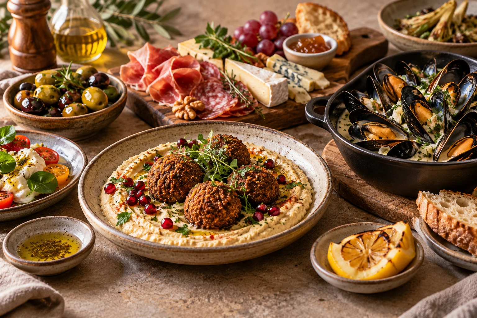AI-illustration av tapas med falafel, hummus, chark, ost och musslor, inspirerad av Bistro Portas kvällsmeny.