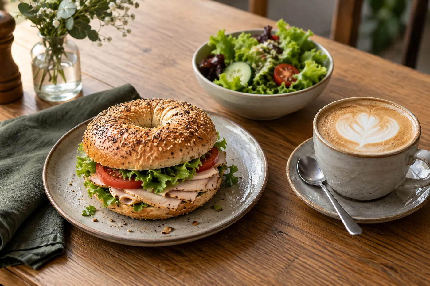 Bagel, kaffe och sallad på ett cafébord