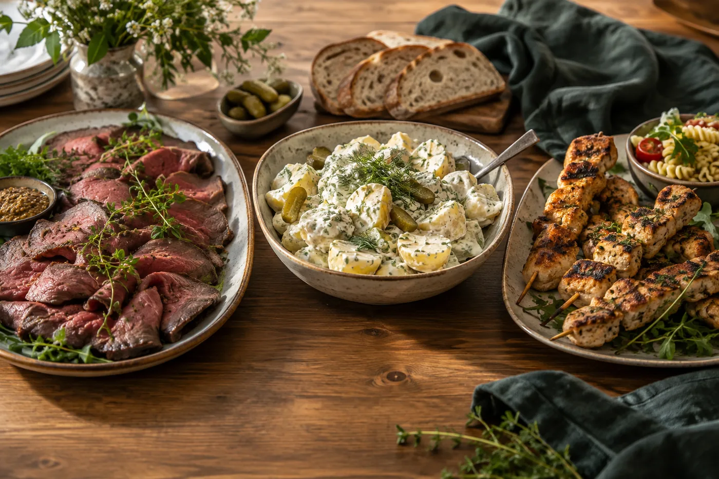 Rostbiff, potatissallad och kycklingspett på ett buffébord