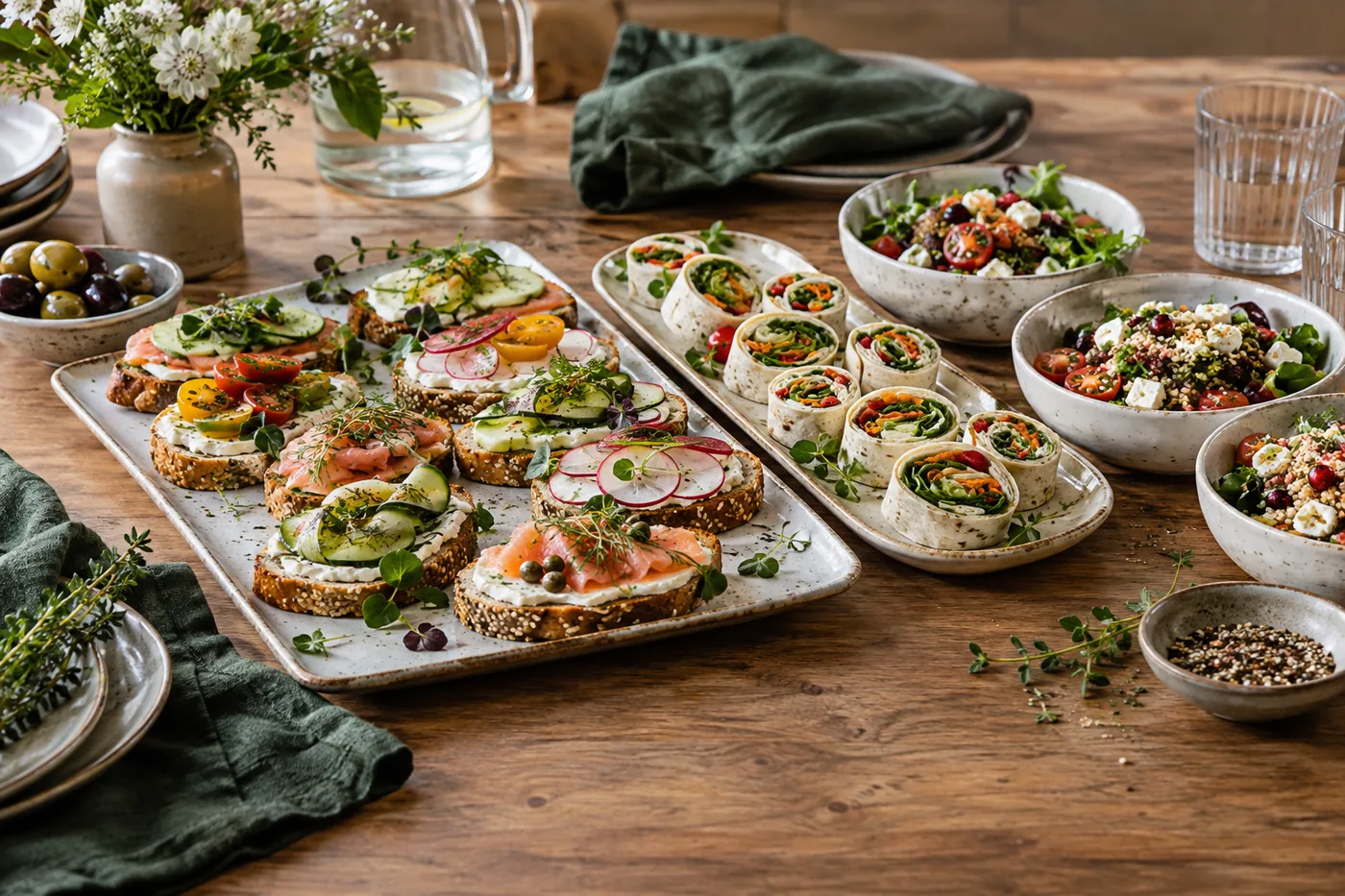 Små smörgåsar, grönsakswraps och sallad på ett buffébord