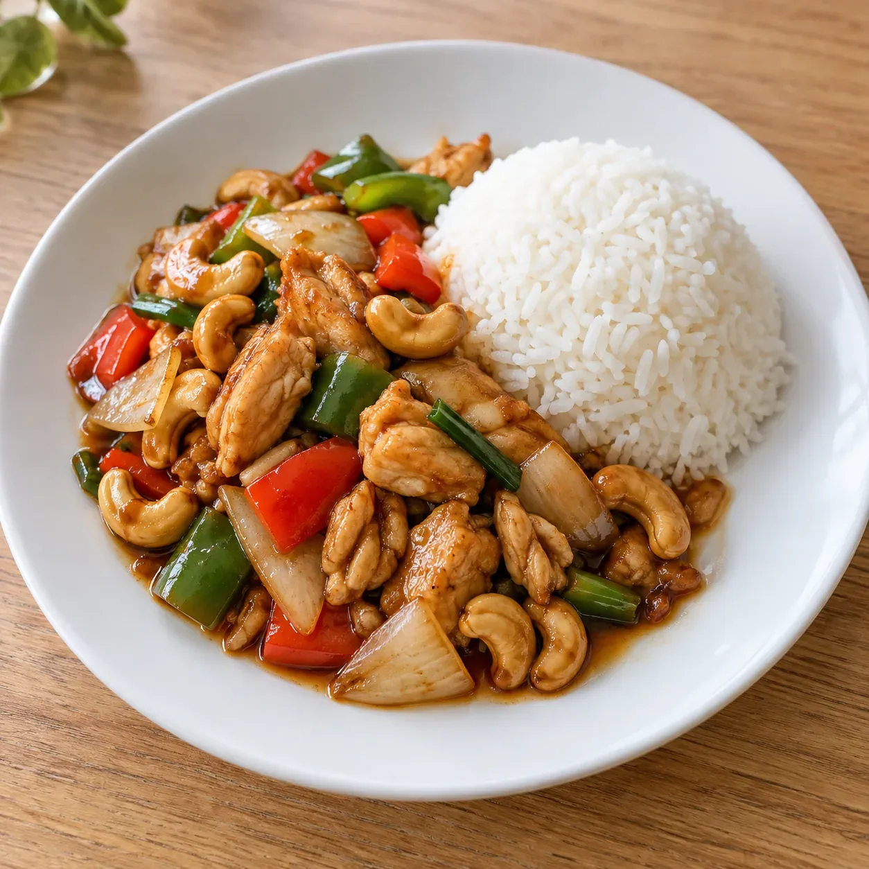 AI-bild av thailändsk kycklingwok med cashewnötter, grönsaker och ris.