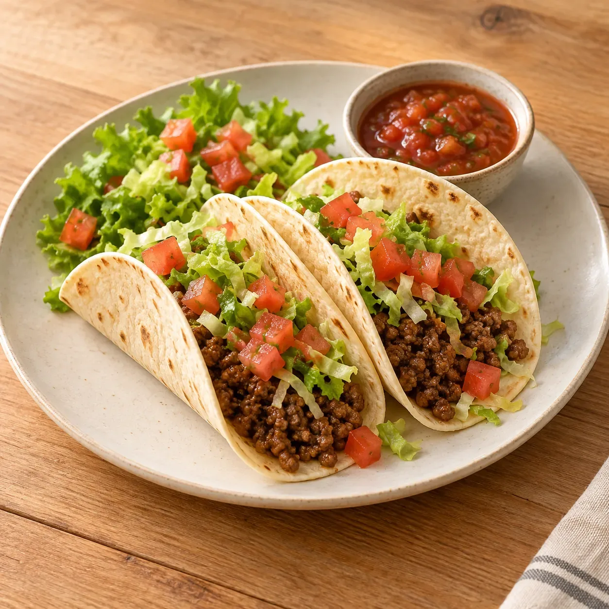 AI-bild av mjuka tacos med färs och klassiska tillbehör.