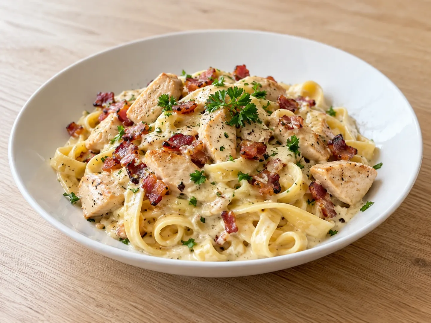 Färsk pasta med kyckling, bacon och krämig vitlökssås