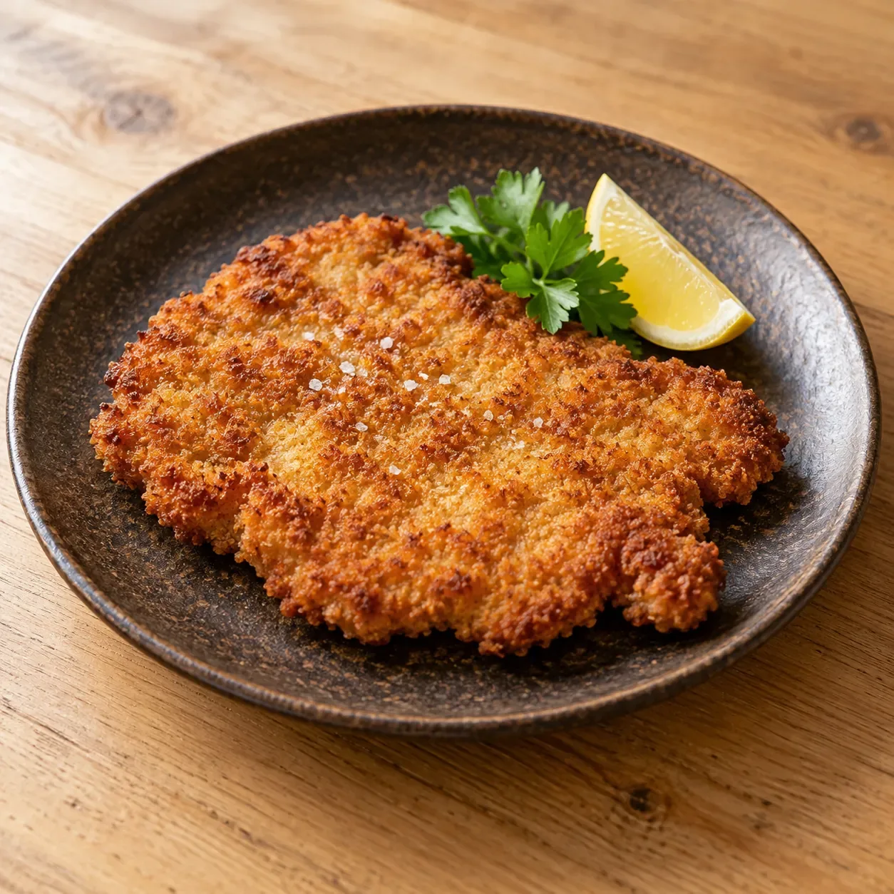 AI-bild av krispig schnitzel på bistrotallrik.