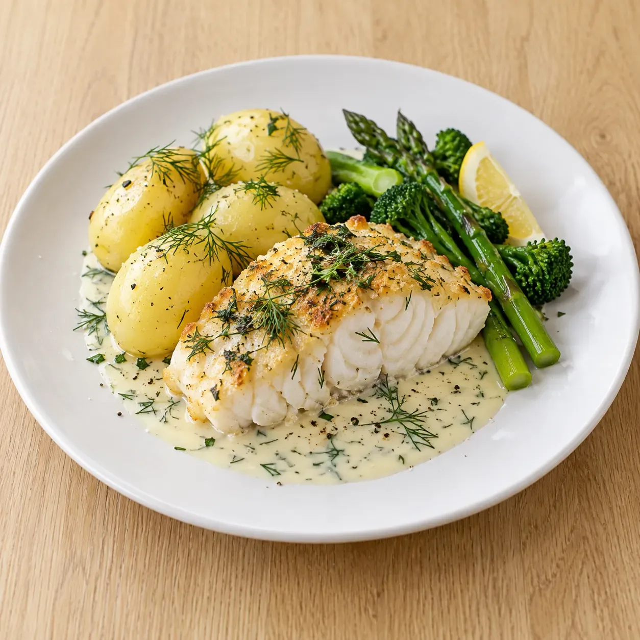 AI-bild av vit fisk med örtsås och potatis.