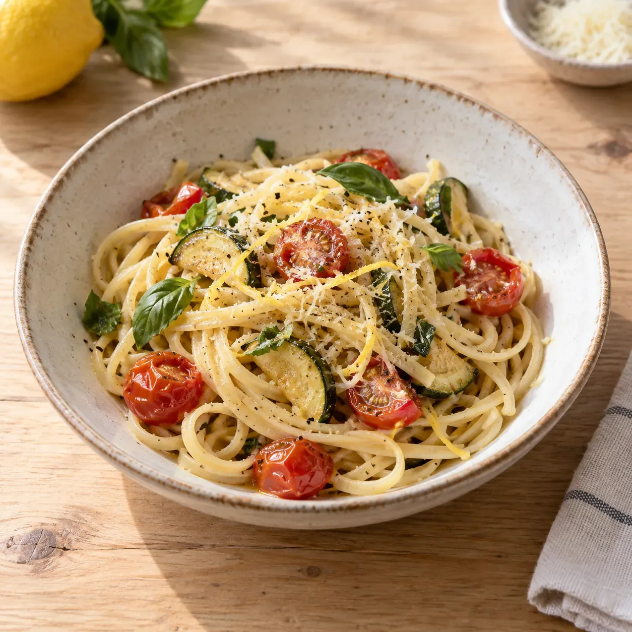 AI-bild av pasta med grönsaker och citron.