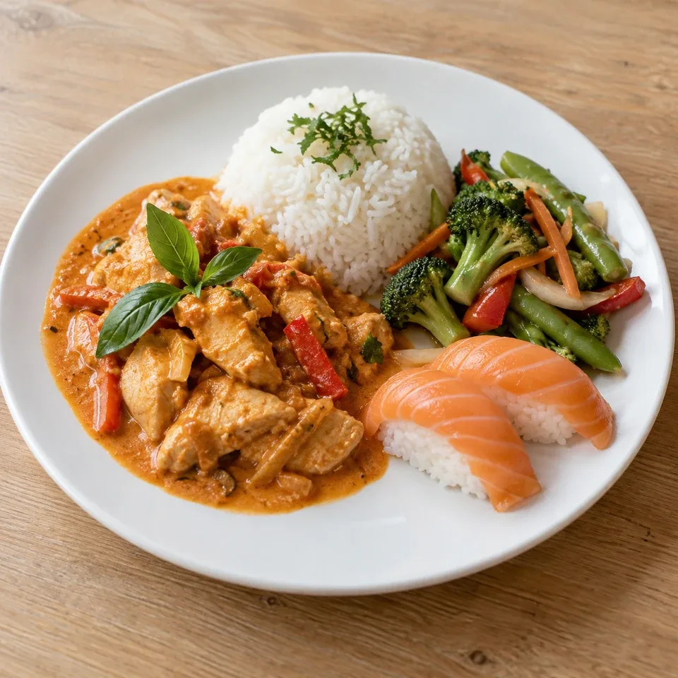 Asiatisk kycklinggryta, ris, grönsaker och sushi