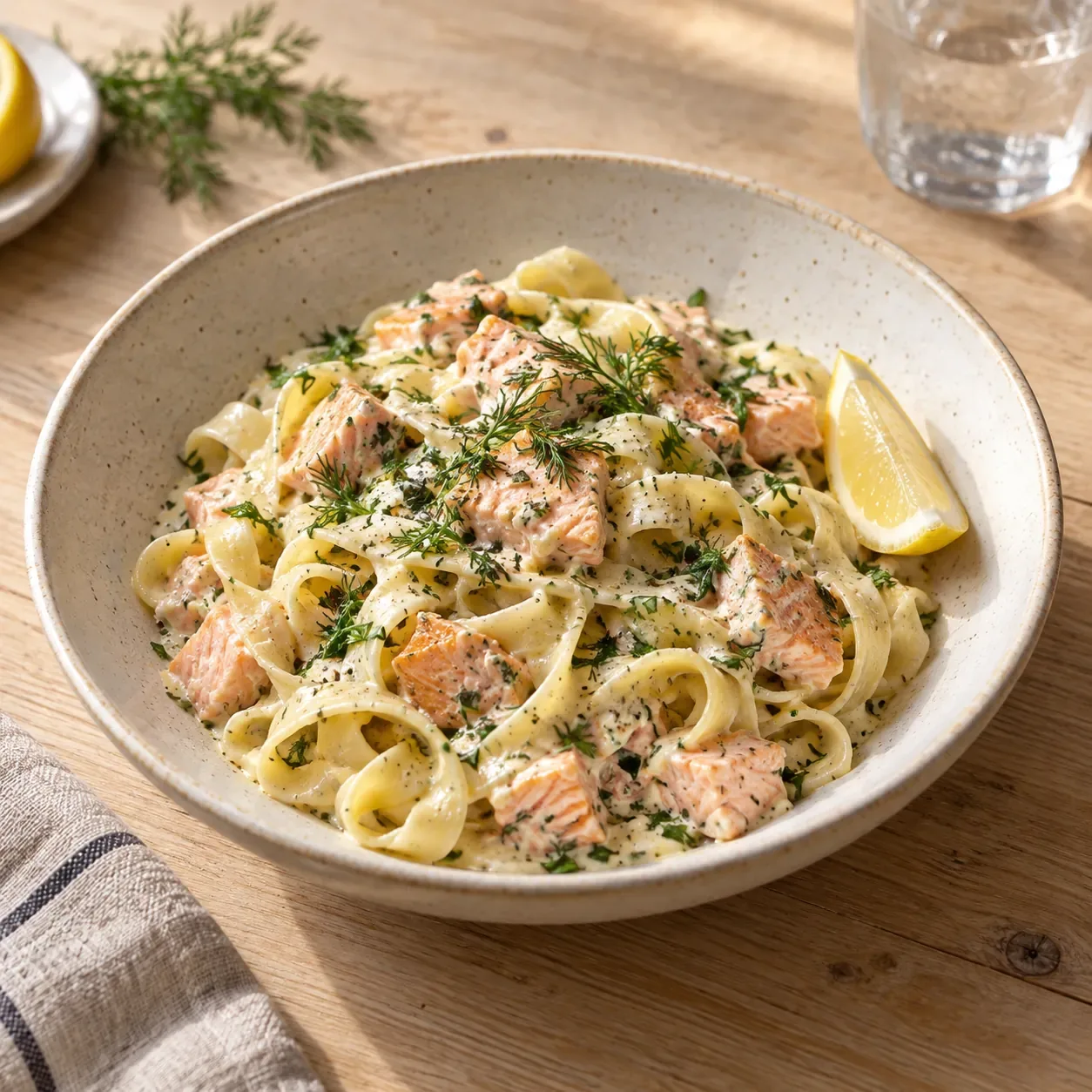 AI-bild av laxpasta med citron.