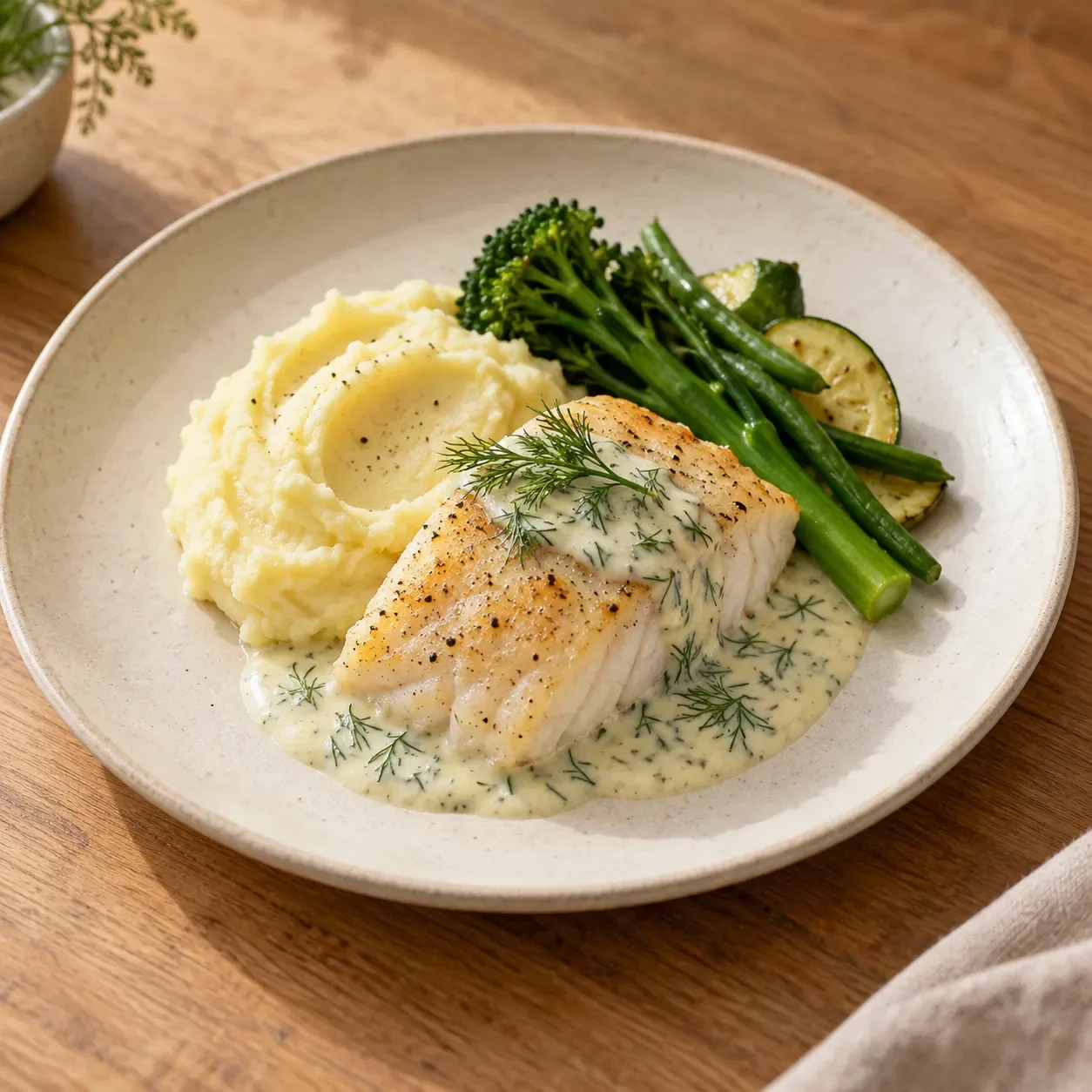 AI-bild av vit fisk med dillsås och potatispuré.