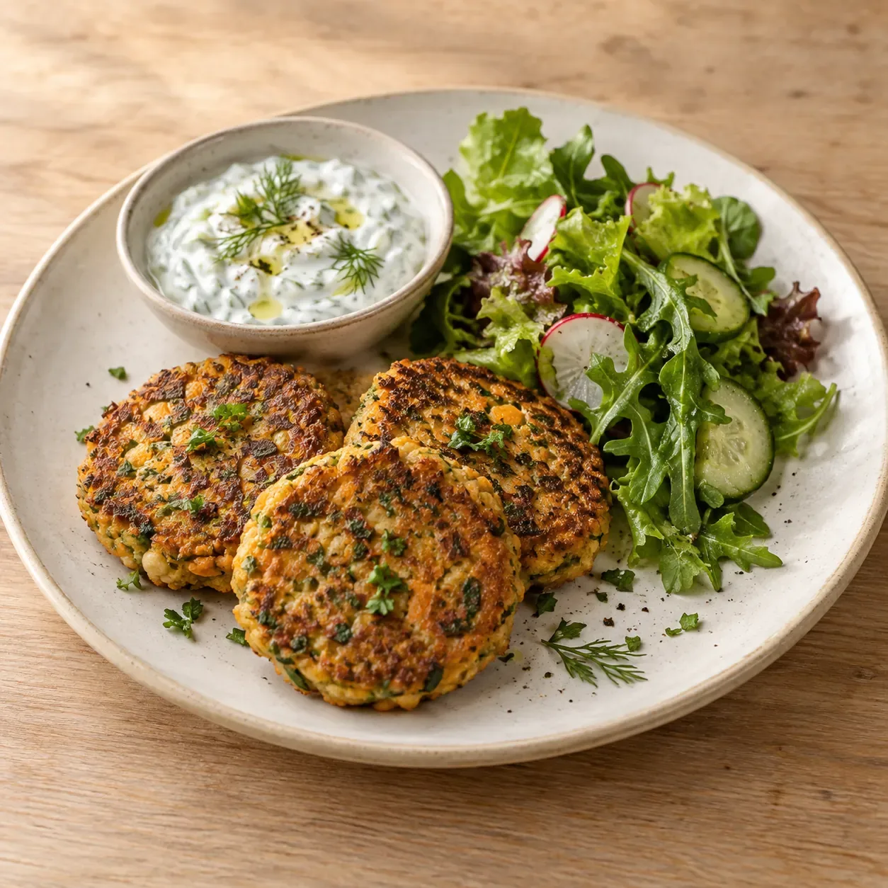 AI-bild av grönsaksbiffar med tzatziki.
