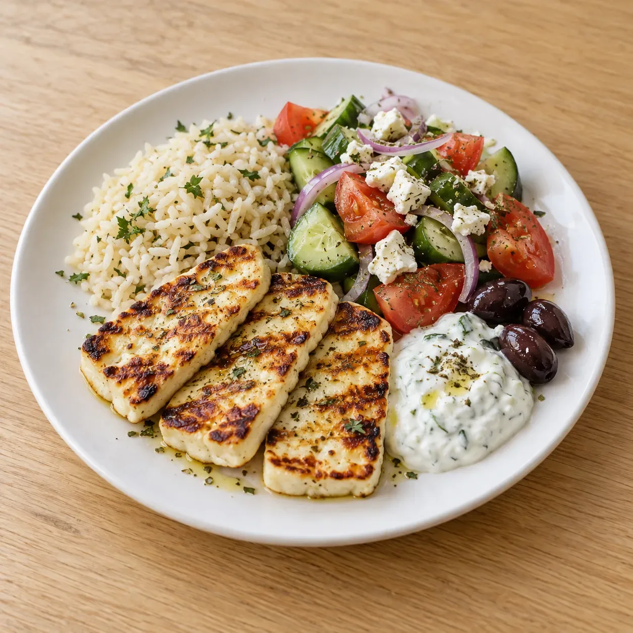 AI-bild av grekisk tallrik med grillost, ris och sallad.