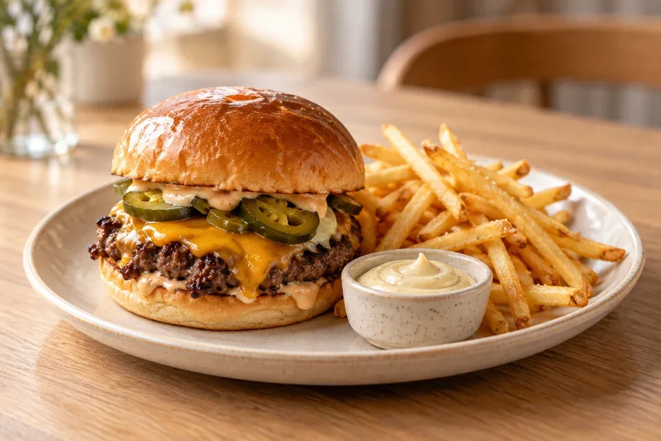 Hamburgare med ost, picklad gurka, pommes frites och aioli