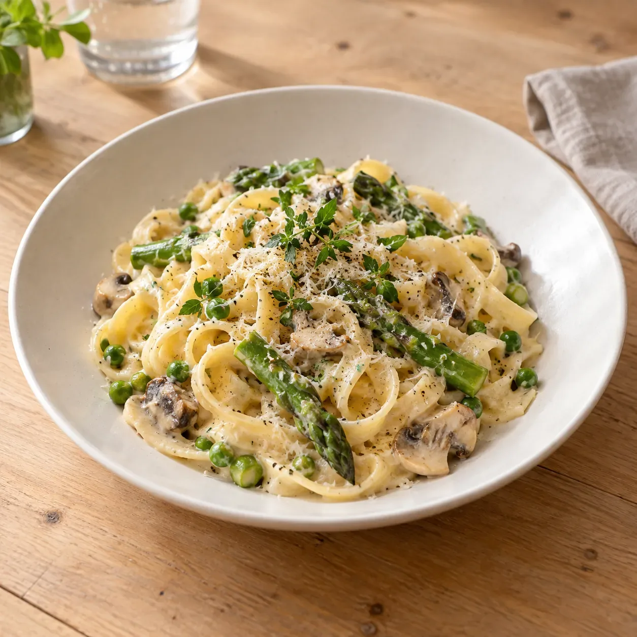 AI-bild av krämig pasta med gröna tillbehör.