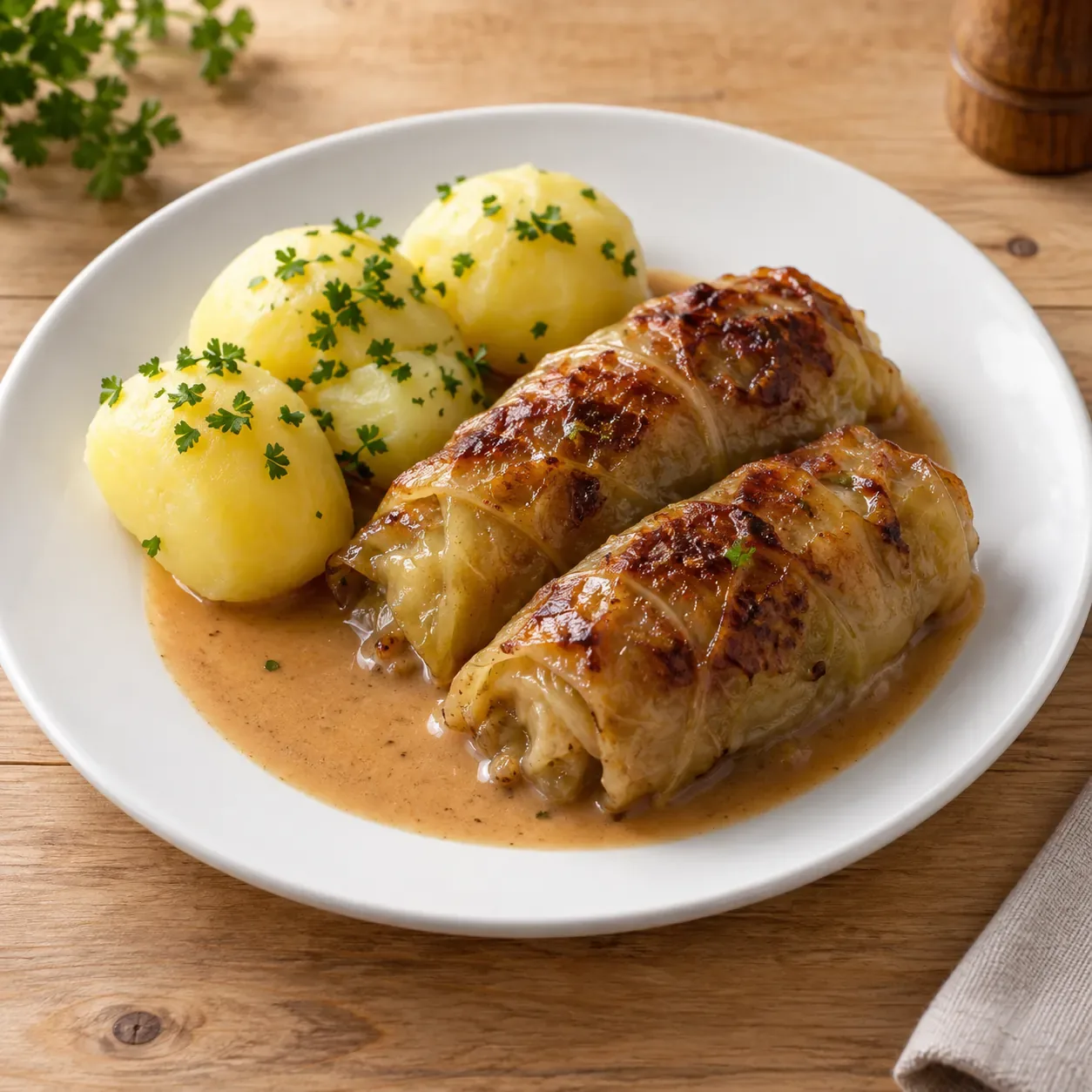 AI-bild av kåldolmar med kokt potatis och gräddsås.