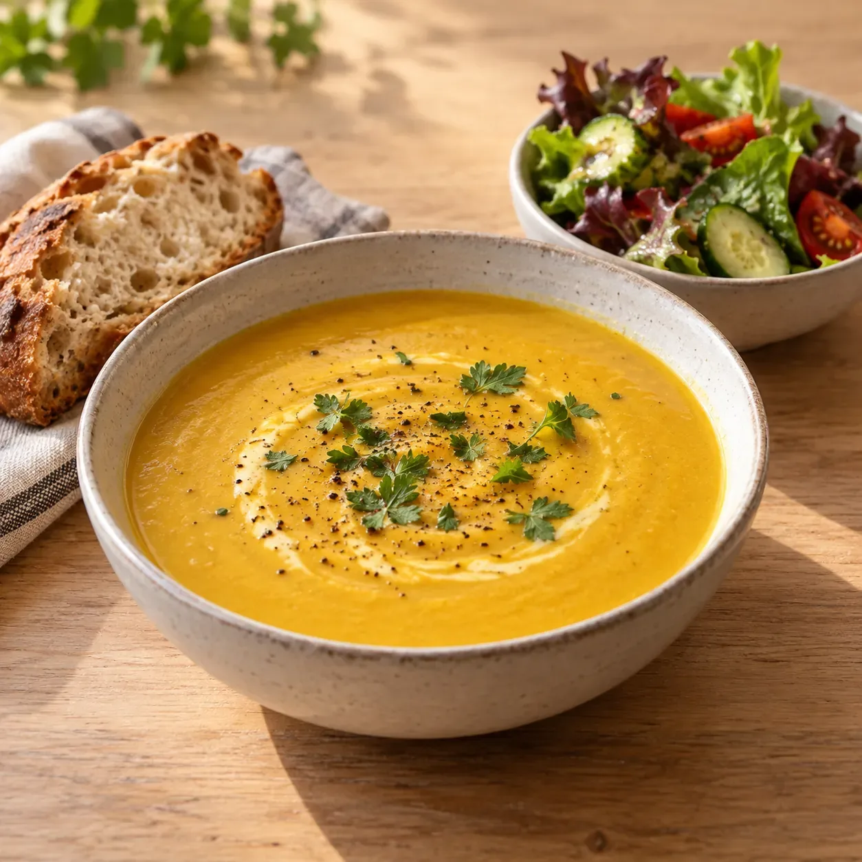 AI-bild av bistrosoppa med bröd och sallad.