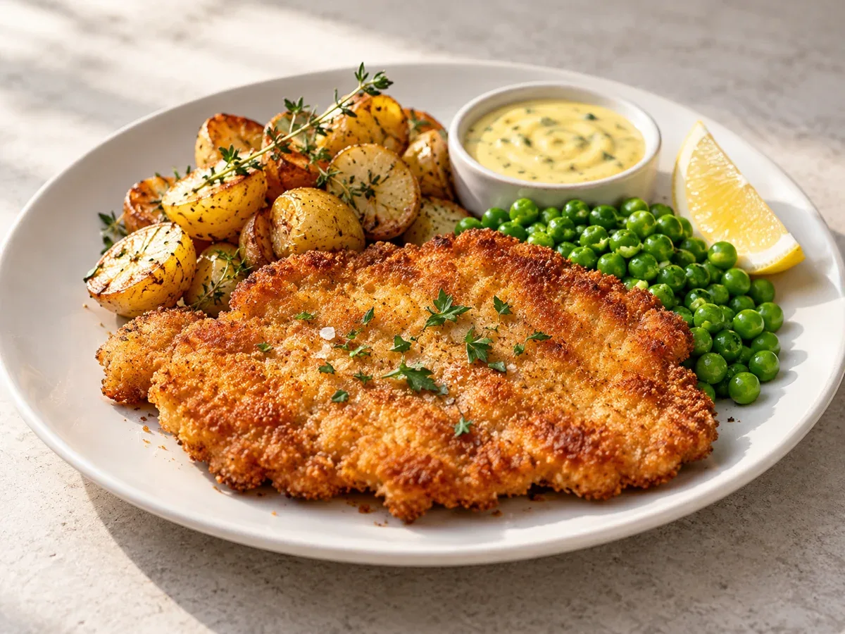 Panerad schnitzel med potatis, ärtor och citron