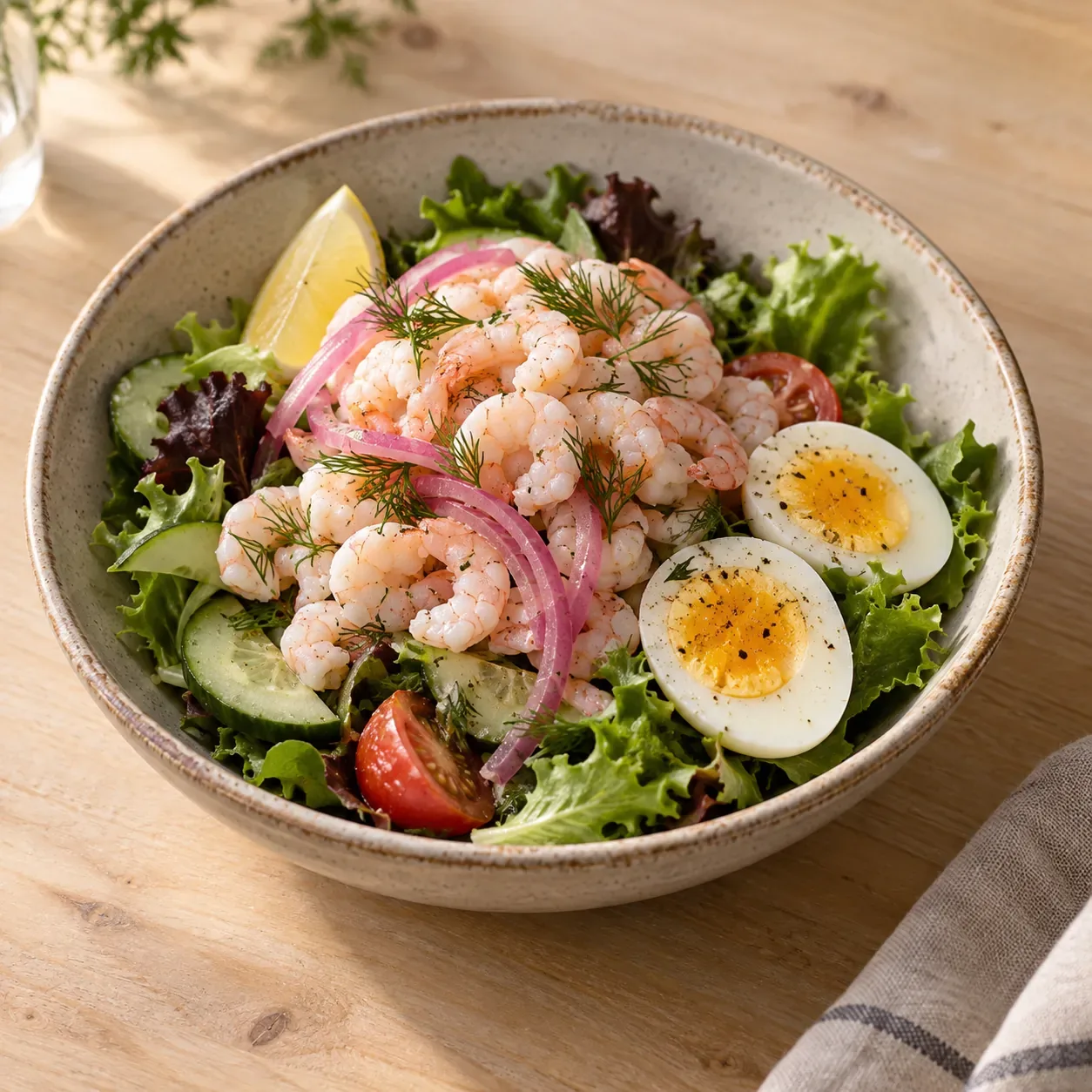 AI-bild av räksallad med ägg.