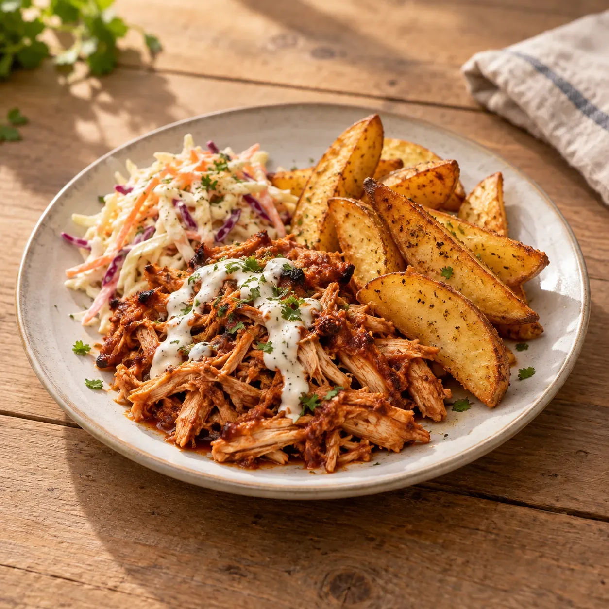 AI-bild av kyckling med potatisklyftor och kålsallad.
