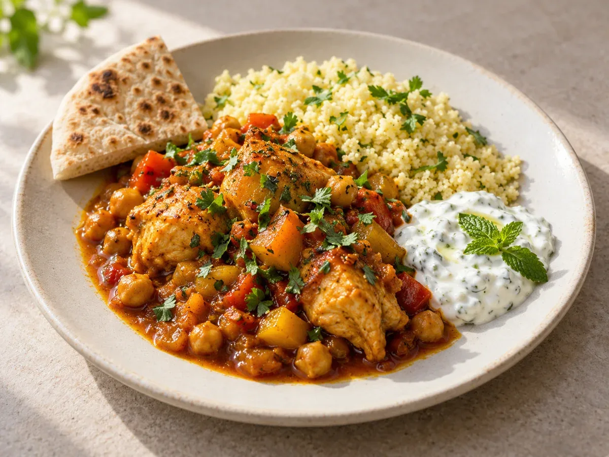 Marockansk kycklinggryta med couscous, myntayoghurt och pitabröd