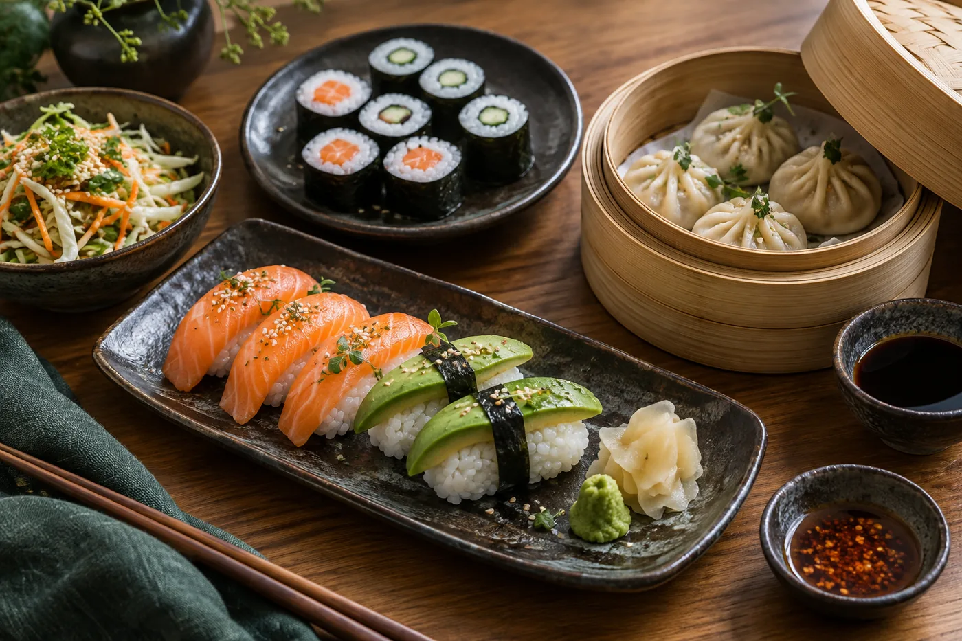 Sushi och dim sum på ett dukat brunchbord