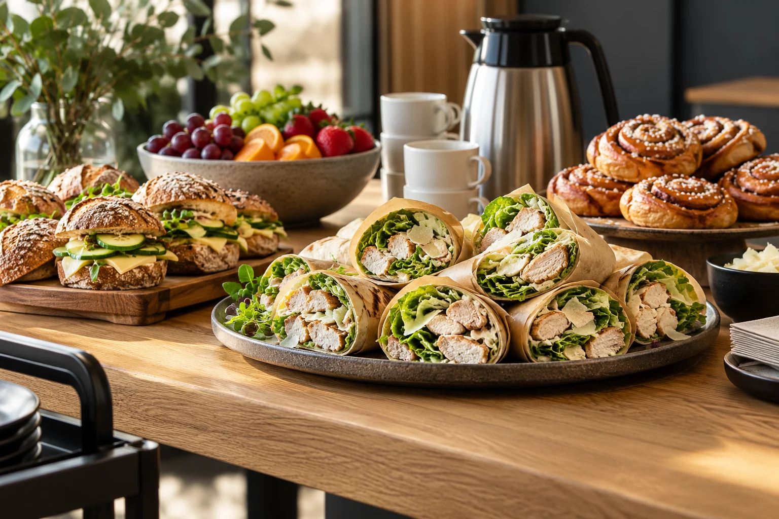 AI-illustration av konferensmat med wraps, ostfrallor, frukt, kanelbullar och kaffe, inspirerad av The Companys utbud.