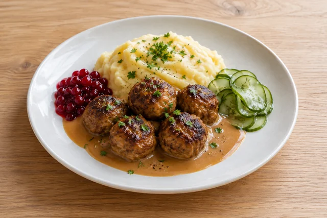 The Company – Köttbullar med potatismos, gräddsås, lingon och pressgurka